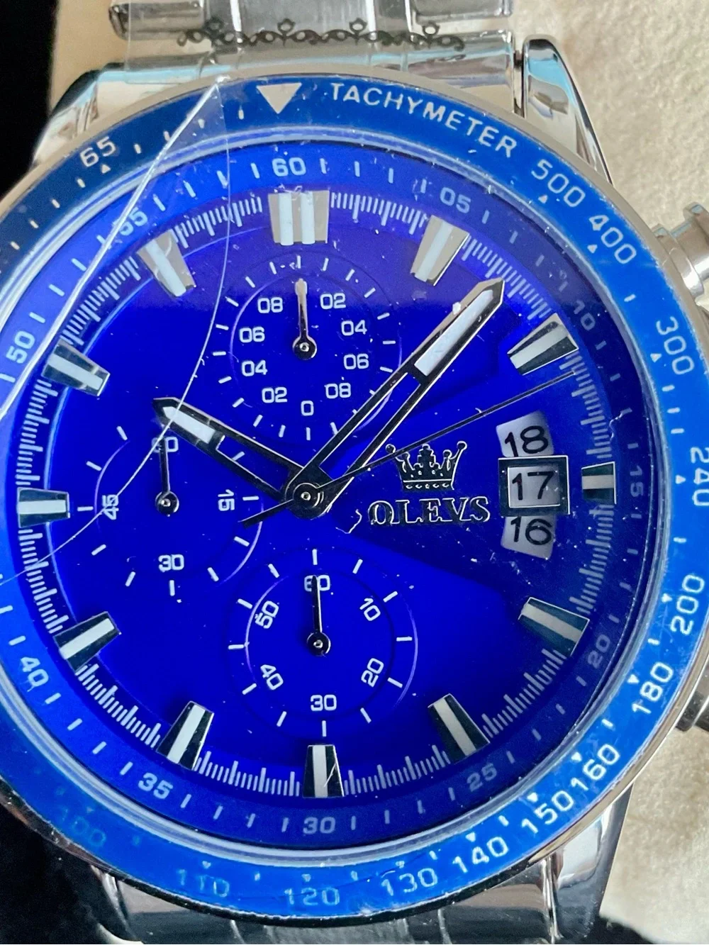 NIB OLEVS Men’s Blue Dial Stainless Steel Chronograph Watch Full Set